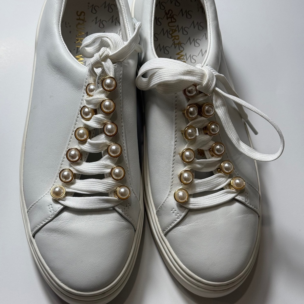 White leather Pearl Stuart Weitzmann Excelsa Gym Shoes